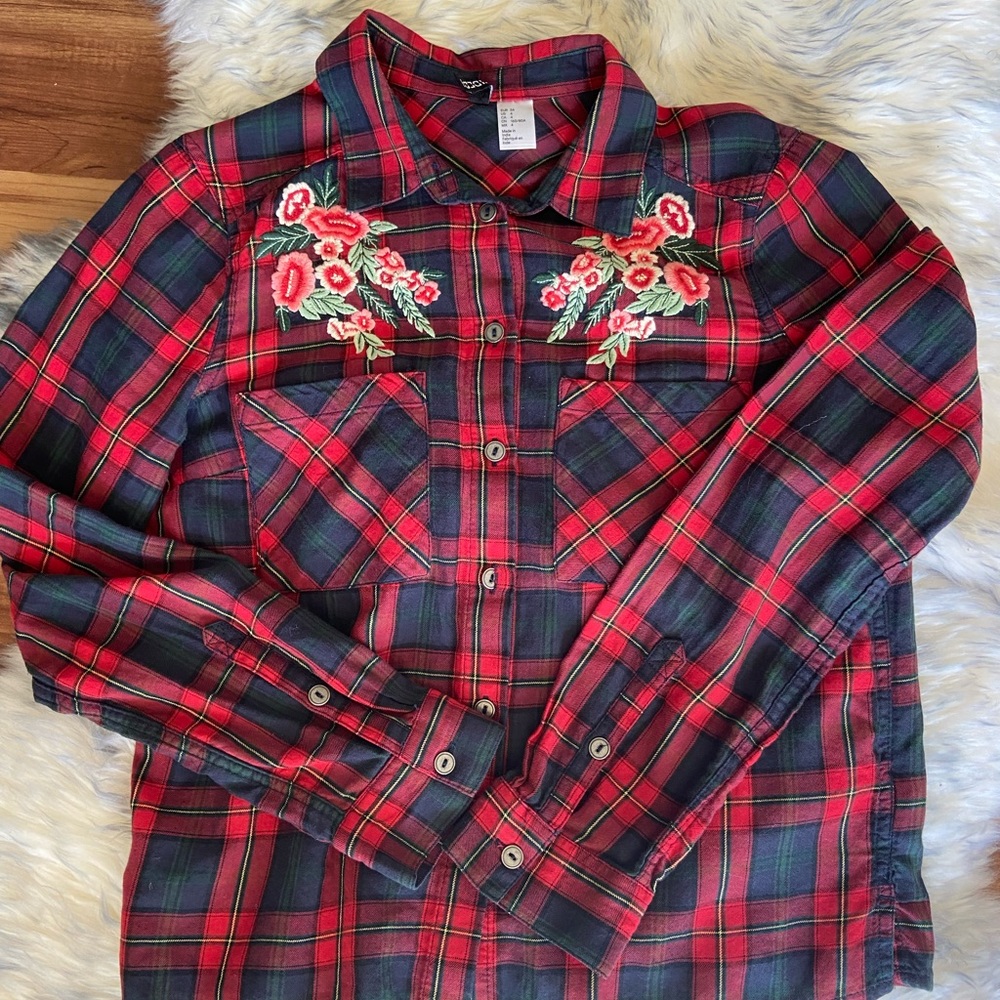 Button up plaid shirt with floral embroidery